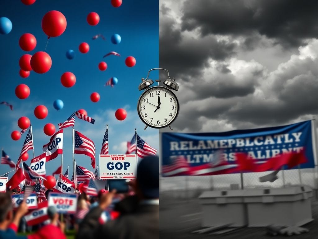 Flick International A vibrant GOP rally featuring red, white, and blue balloons with campaign signs against a contrasting somber Democratic scene.