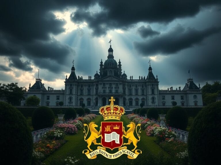 Flick International Ornate royal castle partially obscured by storm clouds symbolizing turmoil and scandal