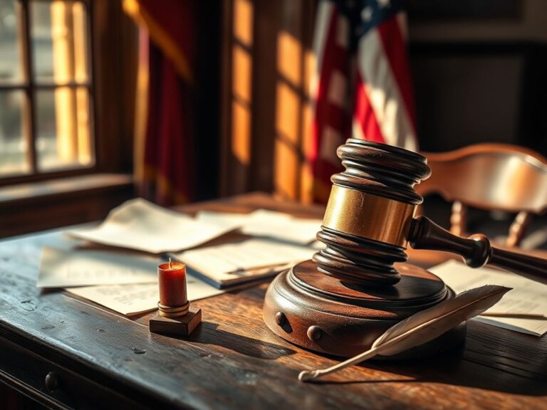 Flick International Close-up of a weathered gavel on a congressional desk with a faded U.S. flag