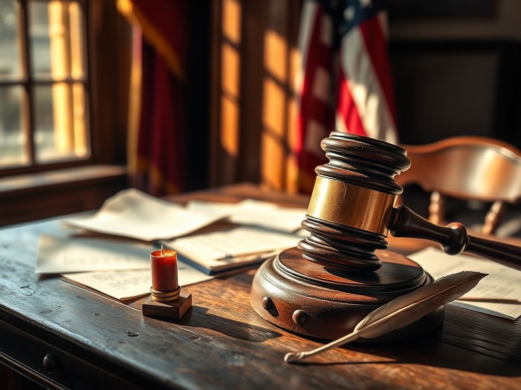 Flick International Close-up of a weathered gavel on a congressional desk with a faded U.S. flag