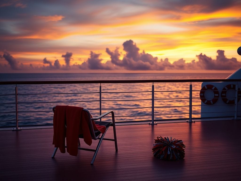 Flick International Empty deck chair on a cruise ship with cheerleading uniform, symbolizing lost youth