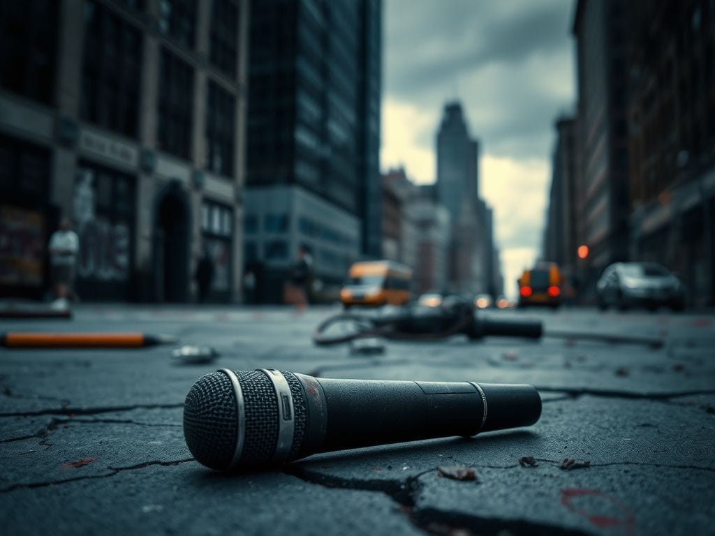 Flick International Close-up of a cracked pavement with an abandoned microphone symbolizing silenced voices in NYC
