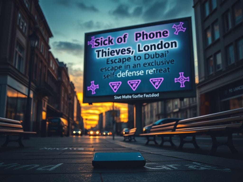 Flick International Urban street scene in London with billboard promoting Dubai self-defense retreat amid phone theft crisis
