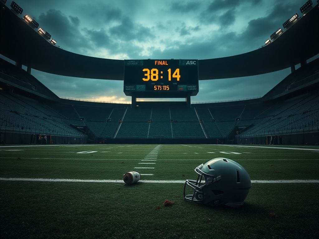Flick International Empty football field after Commanders' loss, showing a lone helmet and scuffed turf