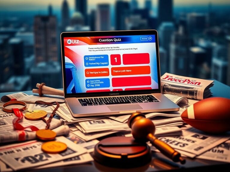 Flick International Dramatic digital quiz interface on a modern laptop surrounded by newspapers and news clippings