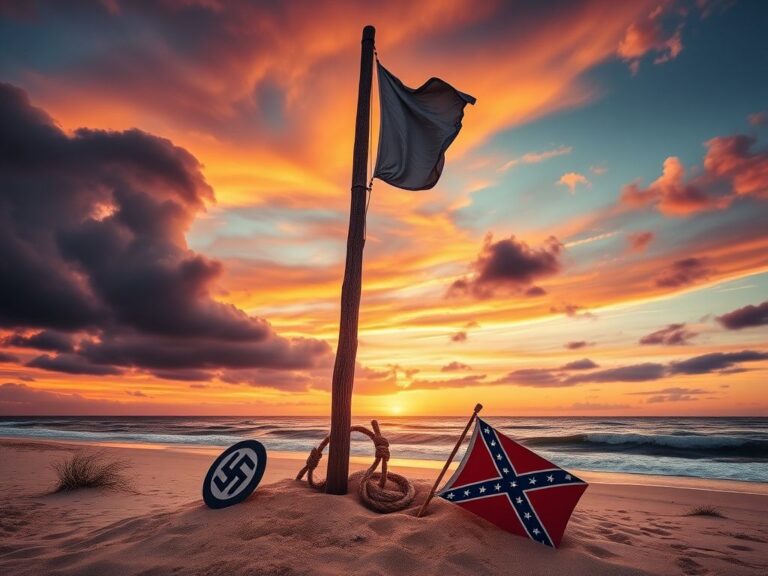 Flick International Windswept coastal landscape at sunset with a weathered flagpole and divisive symbols partially buried in sand