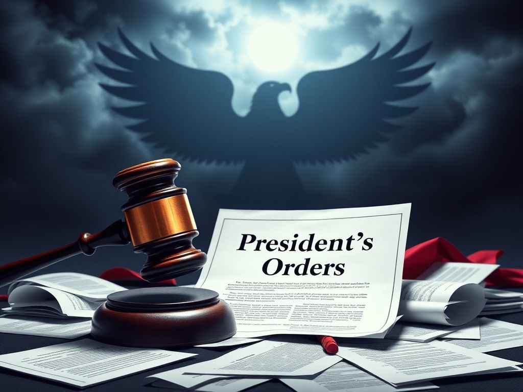 Flick International A dramatic gavel striking down on a document labeled 'President's Orders' amidst scattered legal papers and a military insignia.