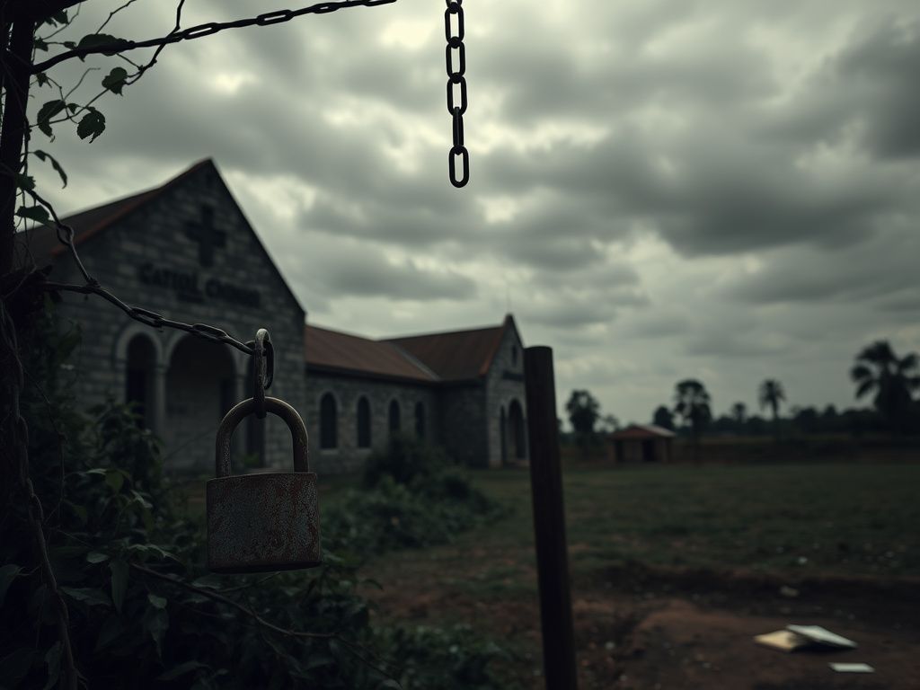 Flick International Dark and somber landscape of a Catholic school in Nigeria, featuring overgrown vegetation and a broken fence.