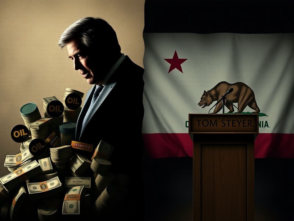 Flick International Dramatic split image portraying a billionaire's shadow next to a political campaign podium