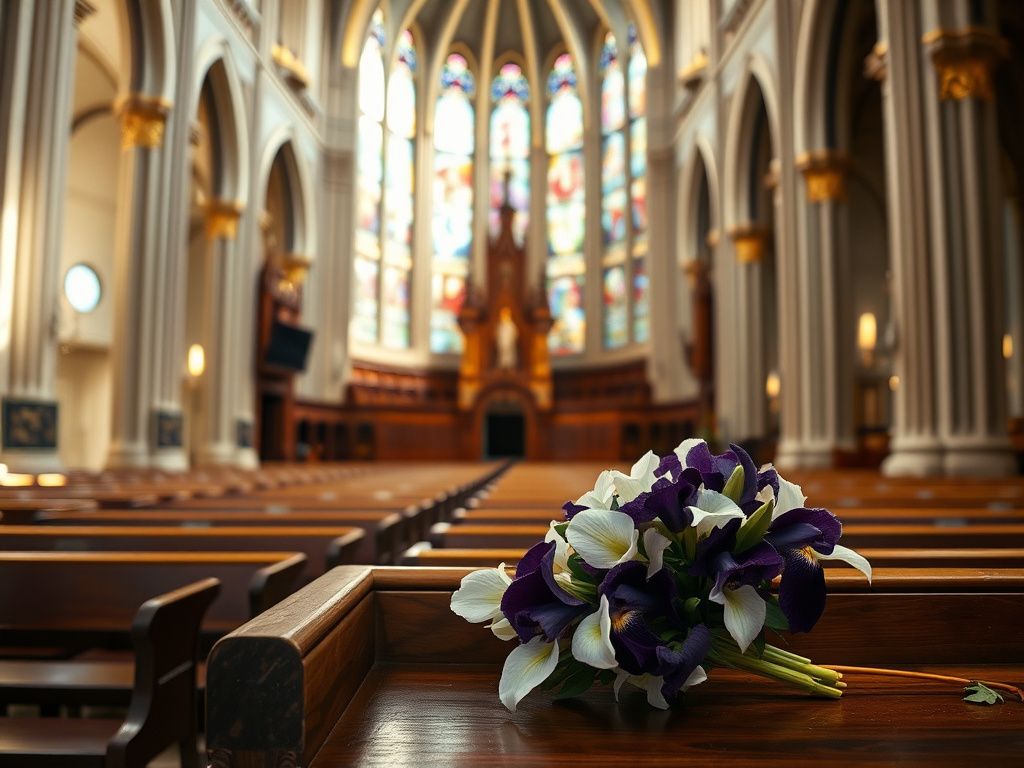 Flick International A floral tribute of white lilies and deep purple irises on a wooden pew inside Washington National Cathedral during Dick Cheney's funeral.