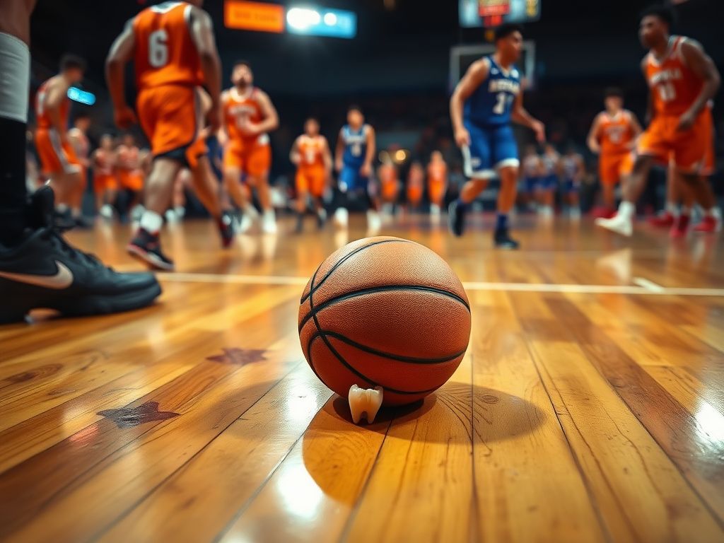 Flick International Close-up of a scuffed basketball on the court with a chipped tooth partially obscured