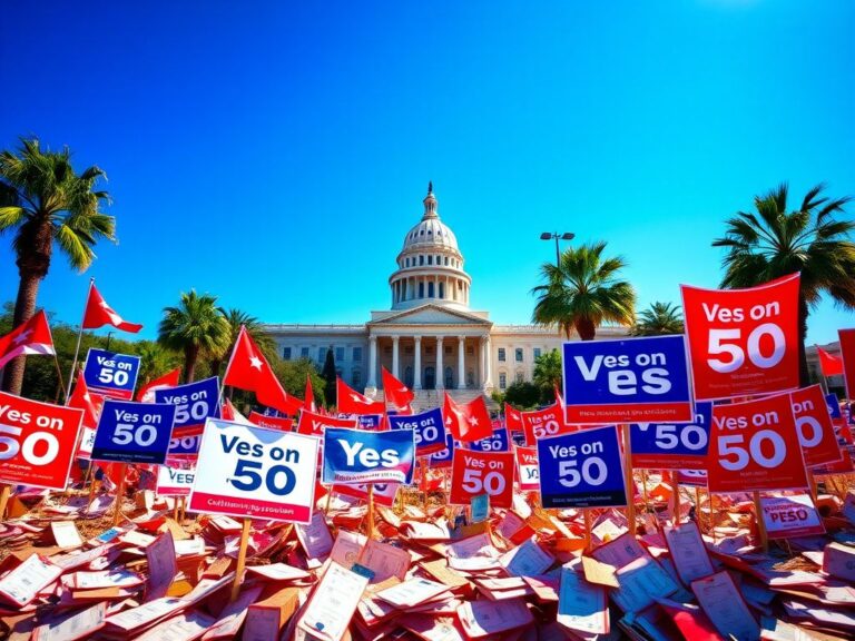 Flick International California state capitol building with election paraphernalia and voting ballots under a bright blue sky