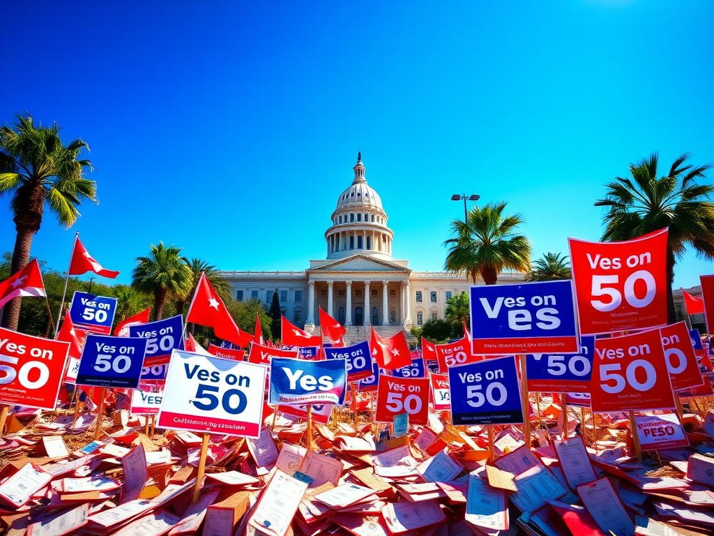 Flick International California state capitol building with election paraphernalia and voting ballots under a bright blue sky
