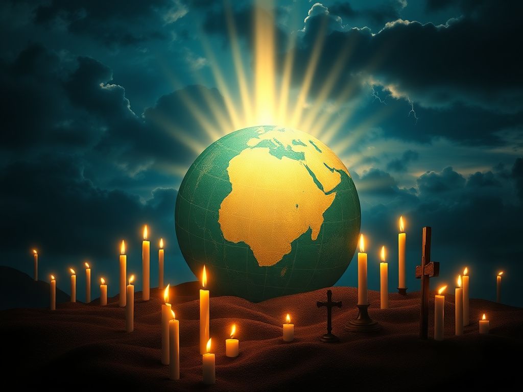 Flick International Abstract globe highlighting Nigeria surrounded by glowing candles symbolizing hope for persecuted Christians