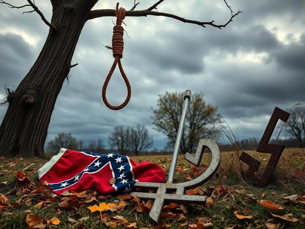 Flick International A noose hanging from a tree branch with a crumpled Confederate flag and a rusted swastika symbol on the ground