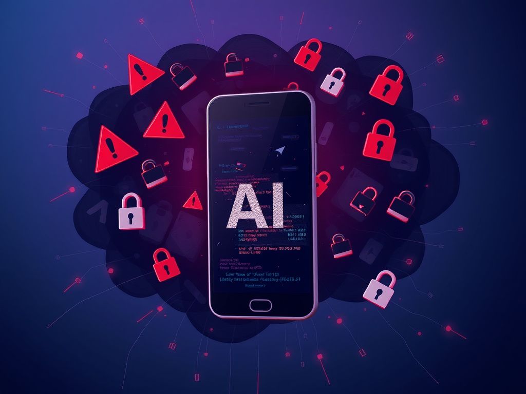 Flick International A smartphone surrounded by a dark cloud of digital malware symbols representing the threat of fake AI applications