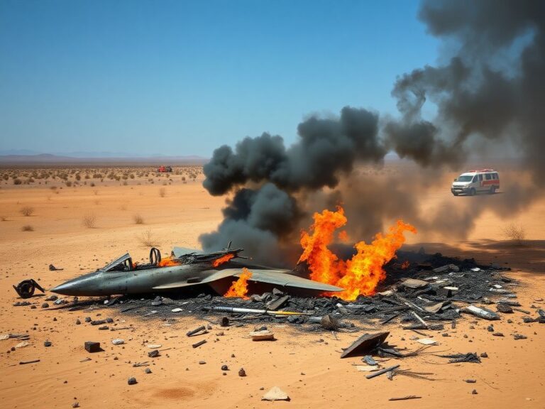 Flick International A smoking crater and debris from a fighter jet crash at the Dubai Air Show