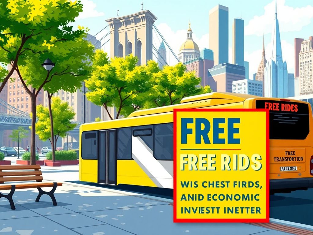 Flick International A modern bus at a New York City bus stop displaying a 'FREE RIDES' sign amidst a vibrant urban landscape.