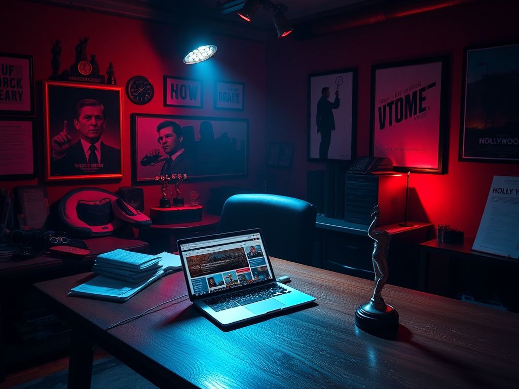 Flick International Dimly lit Hollywood office showcasing film memorabilia and political tension