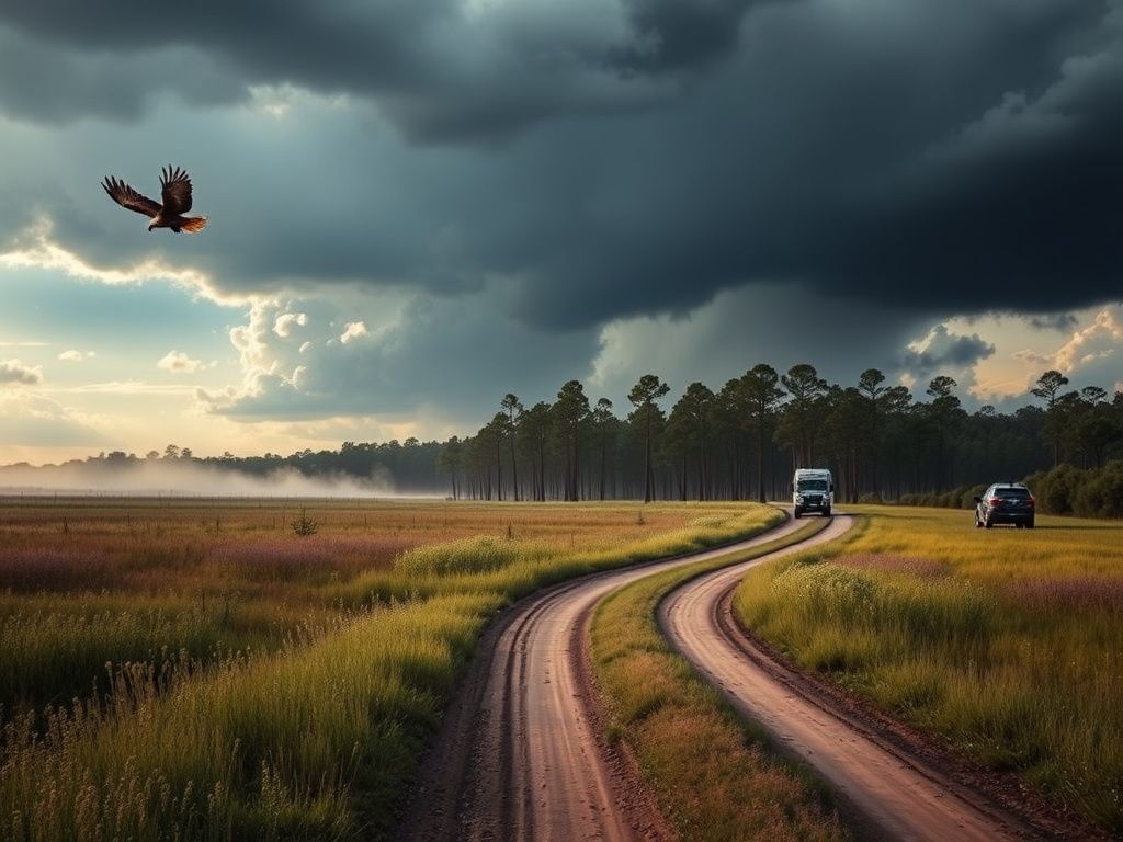 Flick International Expansive landscape of rural Mississippi and Louisiana with a dirt road and storm clouds, symbolizing Operation 'Swamp Sweep'