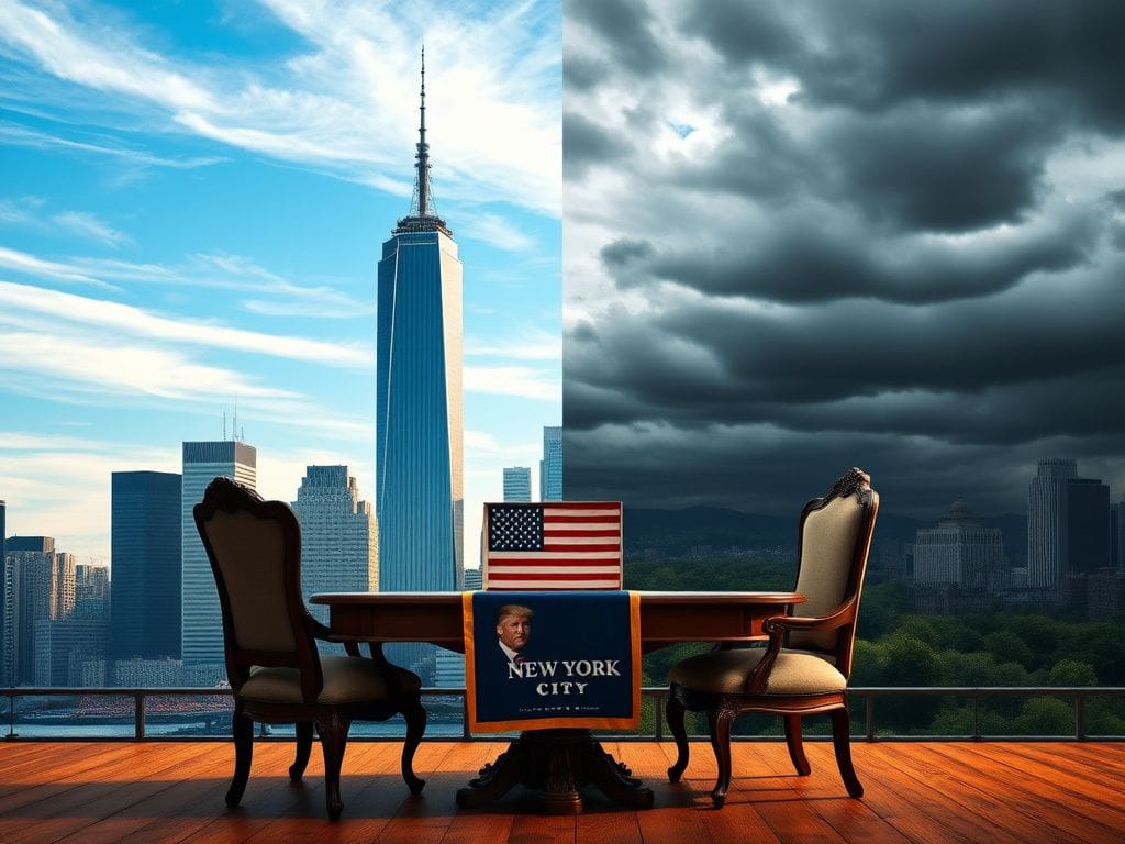 Flick International Split scene of New York City skyline with One World Trade Center and Central Park, symbolizing hope and conflict.