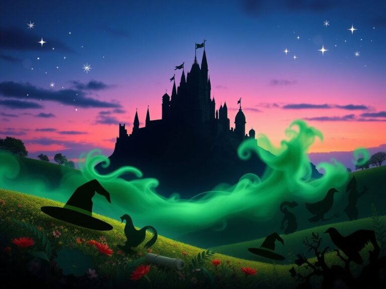 Flick International A dramatic landscape of Oz with a dark castle symbolizing tyranny and a swirling green mist representing magic.