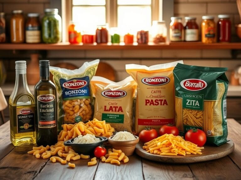 Flick International A rustic kitchen table with various dry pasta shapes from American brands like Ronzoni and Barilla, surrounded by Italian cooking ingredients.