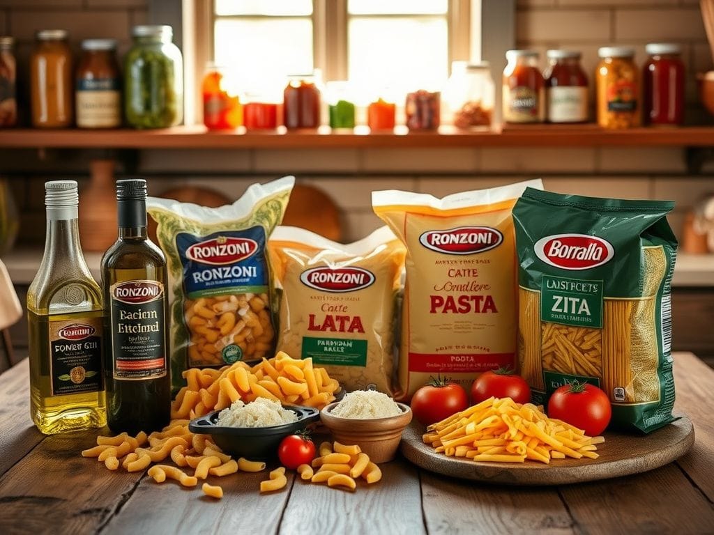 Flick International A rustic kitchen table with various dry pasta shapes from American brands like Ronzoni and Barilla, surrounded by Italian cooking ingredients.