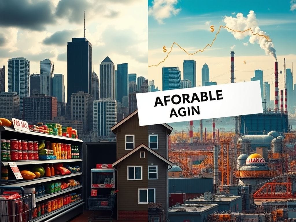 Flick International A dynamic urban montage depicting the contrast between affordability struggles and economic growth initiatives, featuring a bustling city skyline.