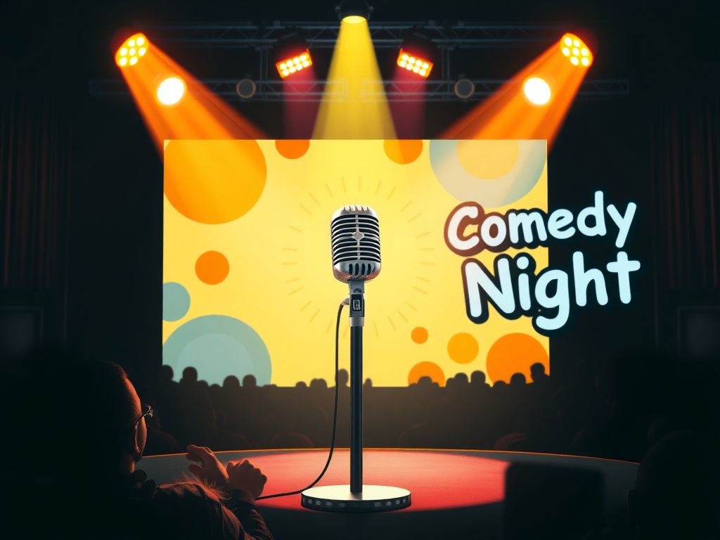 Flick International A vibrant comedy stage set with a classic microphone and colorful backdrop