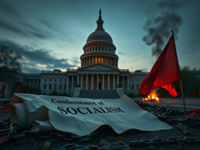 Flick International A dramatic view of the U.S. Capitol building at dusk with a crumpled scroll labeled 'Condemnation of Socialism' in the foreground