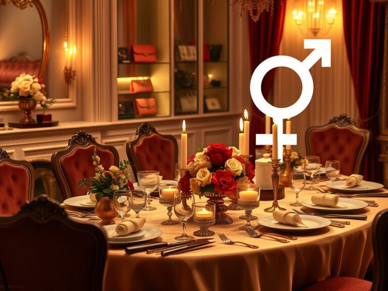 Flick International Luxurious dining table set for a meal with opulent tableware and floral arrangements, symbolizing wealth and beauty standards.