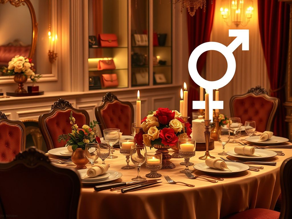 Flick International Luxurious dining table set for a meal with opulent tableware and floral arrangements, symbolizing wealth and beauty standards.