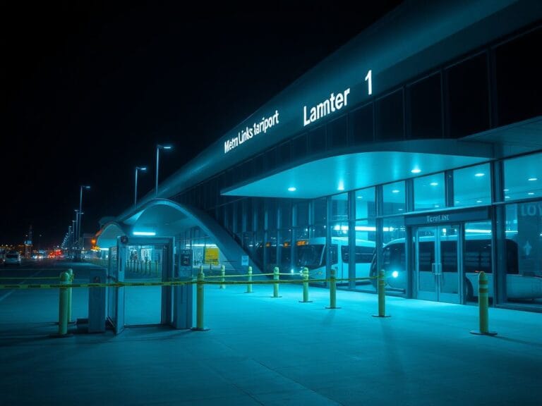 Flick International Nighttime view of St. Louis Lambert International Airport's Terminal 1 with caution tape marking an abandoned security checkpoint
