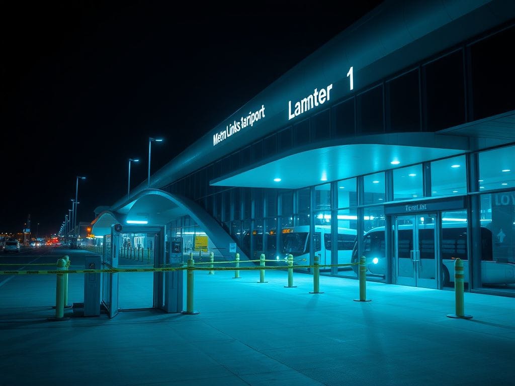 Flick International Nighttime view of St. Louis Lambert International Airport's Terminal 1 with caution tape marking an abandoned security checkpoint