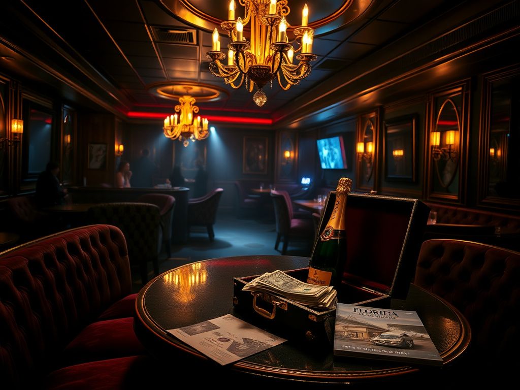 Flick International Upscale strip club interior with luxurious seating and cash in a briefcase