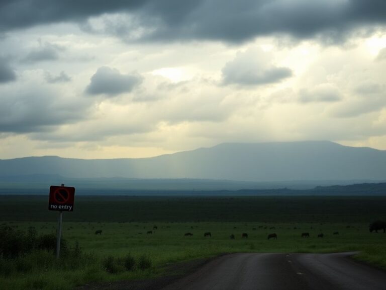 Flick International A serene view of the Ngorongoro Conservation Area at dusk featuring zebras and wildebeests amidst storm clouds.