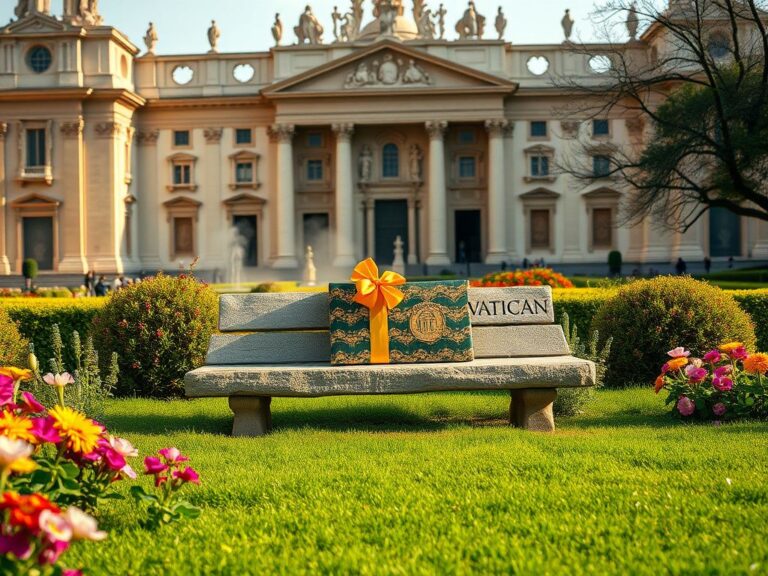 Flick International Tranquil garden scene in the Vatican with a stone bench and ornate gifts symbolizing hope and compassion