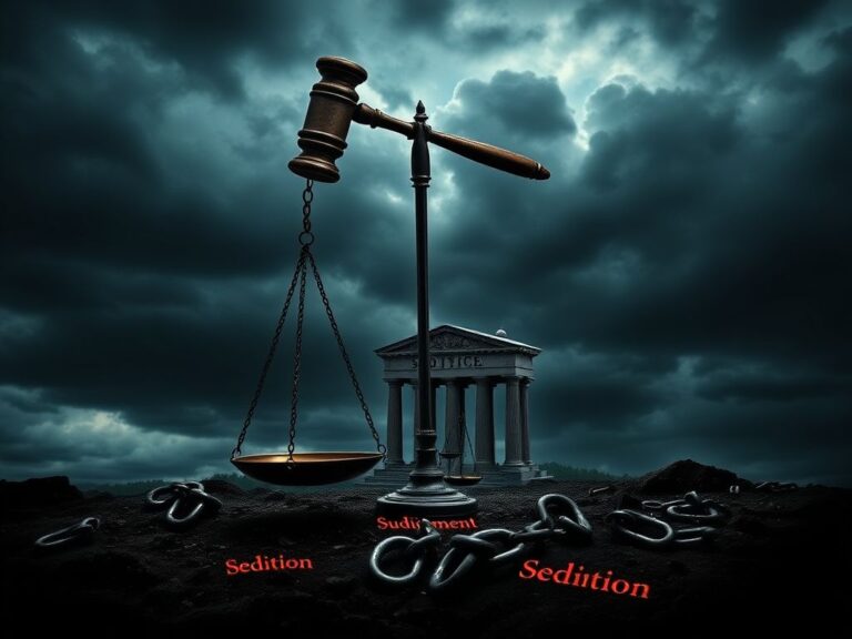 Flick International Dramatic representation of justice with a gavel over scales amid a stormy backdrop