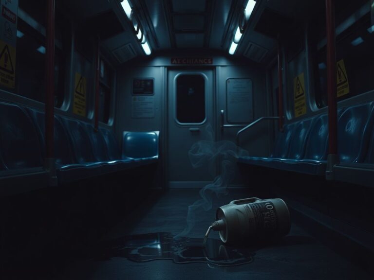 Flick International Dark Chicago Blue Line train interior with spilled gasoline can and smoke