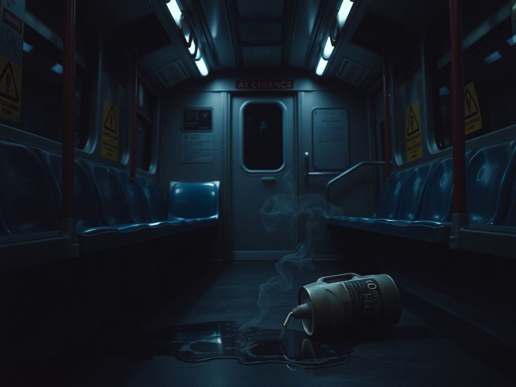 Flick International Dark Chicago Blue Line train interior with spilled gasoline can and smoke