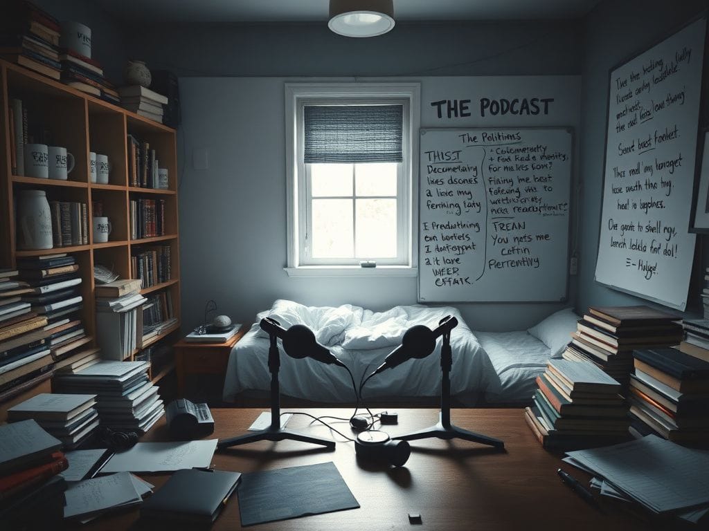 Flick International A dimly lit podcast studio with microphones and cluttered notes, representing the emotional complexity of friendships and political discourse.