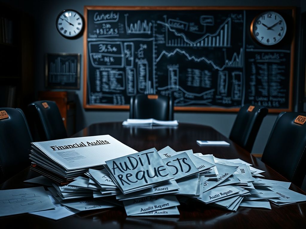 Flick International Shadowy office space with financial audit documents scattered