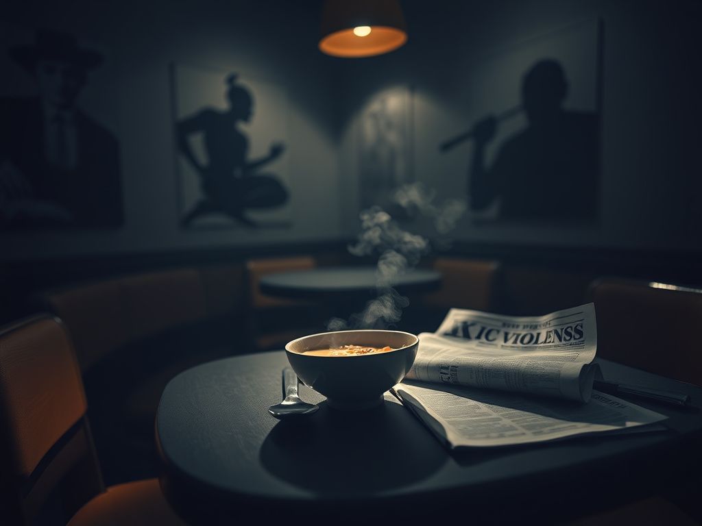 Flick International An empty table set for two in a dimly lit Pho restaurant with a half-eaten bowl of Pho in the foreground.