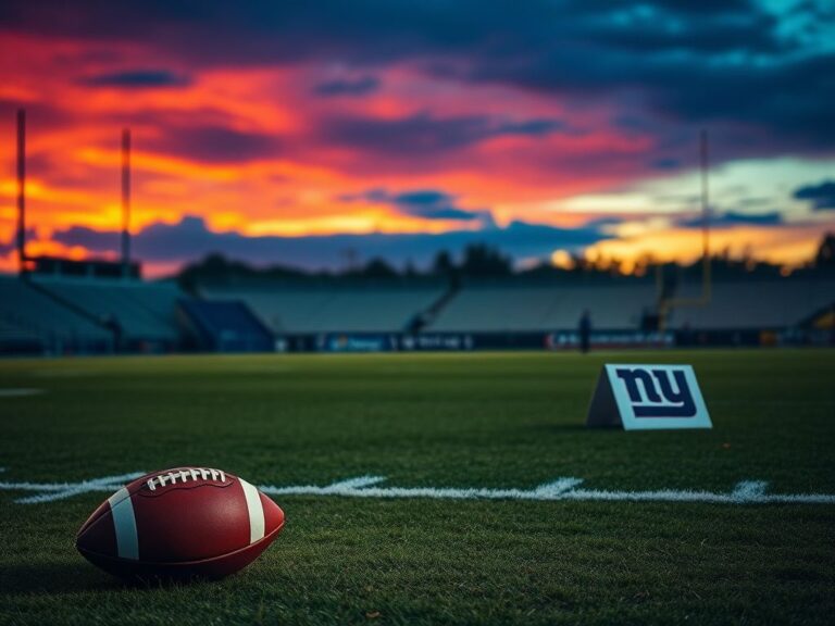 Flick International A football field under evening skies with a football and New York Giants logo