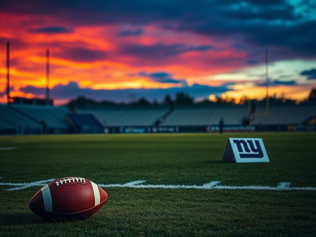 Flick International A football field under evening skies with a football and New York Giants logo