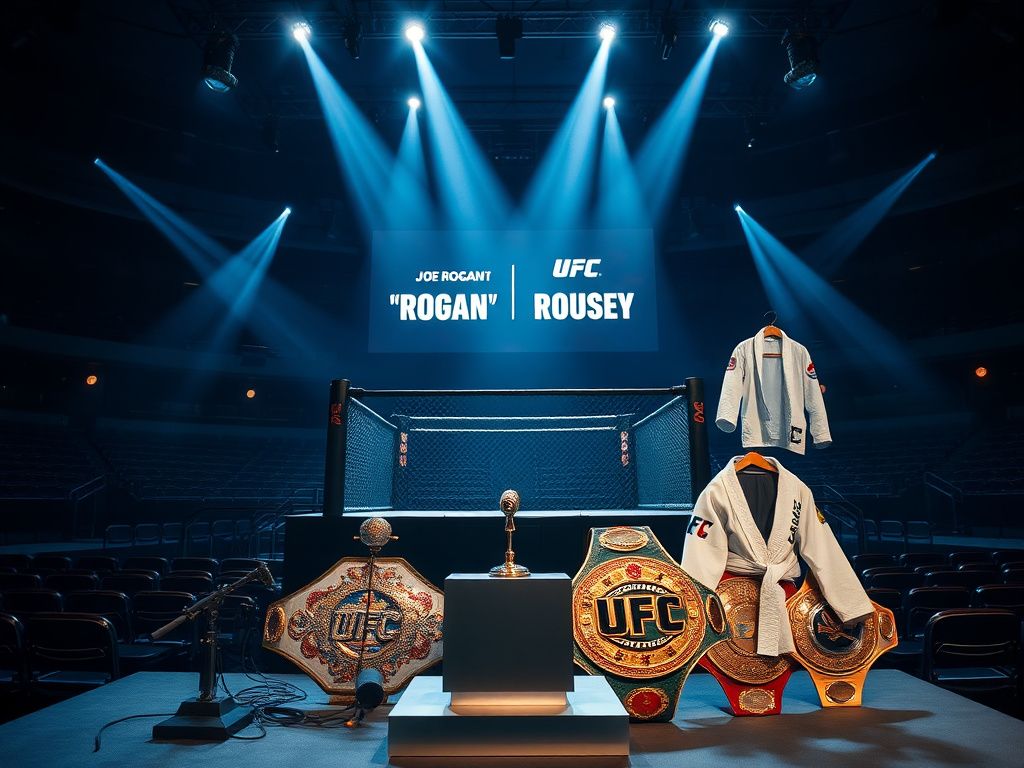 Flick International UFC octagon cage illuminated by spotlights with championship belts in the foreground