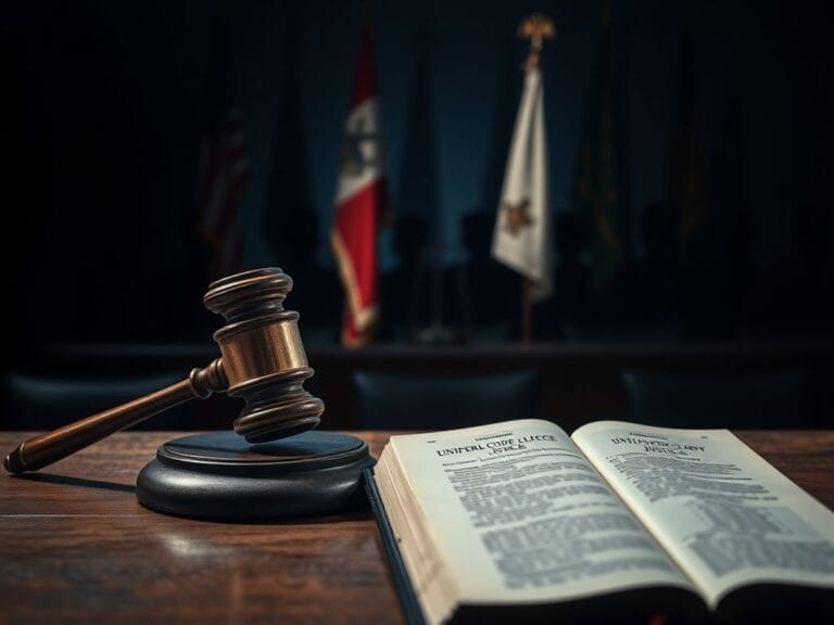 Flick International A military courtroom scene with a gavel on a bench representing legal proceedings
