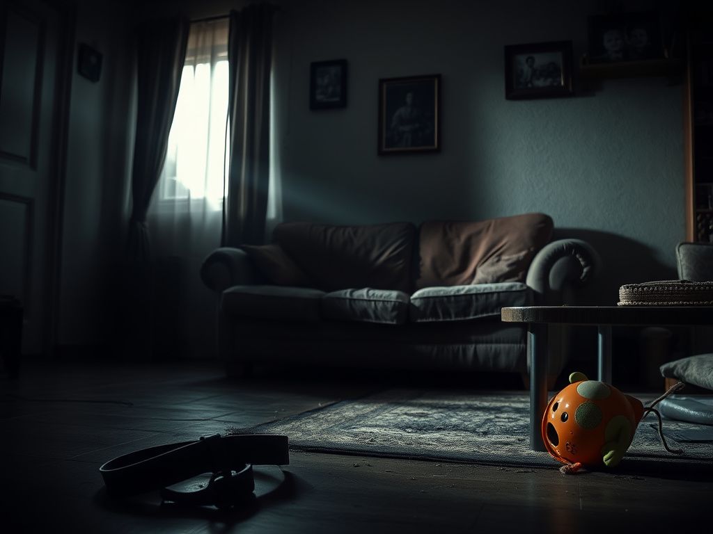 Flick International A dimly lit living room with a discarded leather belt, symbolizing domestic conflict