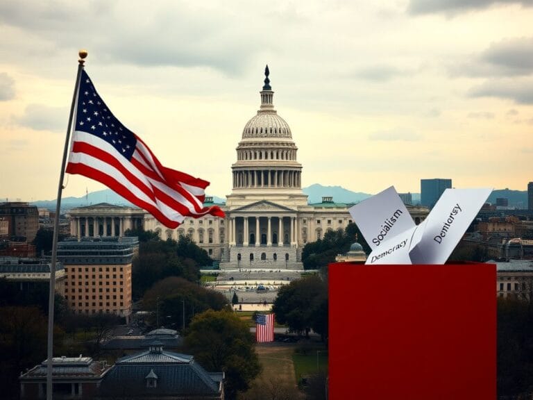 Flick International Dramatic cityscape of Washington, D.C. with the Capitol Building and an American flag
